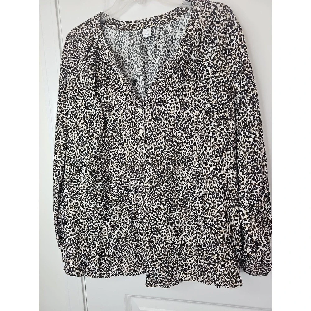 Old Navy Top Womens XL Brown Black Leopard Button Popover Long Sleeve Tunic‎
